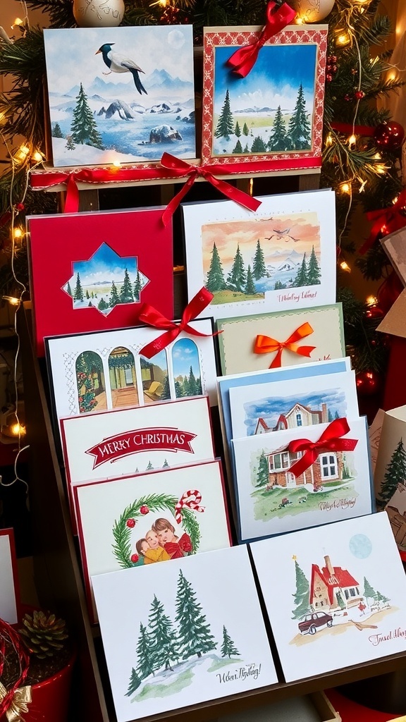 A collection of creative handmade Christmas cards in various styles, displayed with festive decorations.